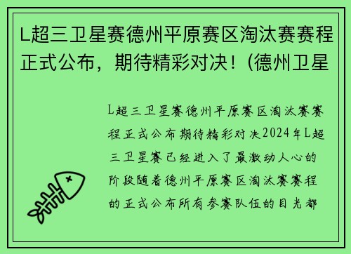 L超三卫星赛德州平原赛区淘汰赛赛程正式公布，期待精彩对决！(德州卫星赛什么意思)
