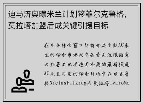 迪马济奥曝米兰计划签菲尔克鲁格，莫拉塔加盟后成关键引援目标